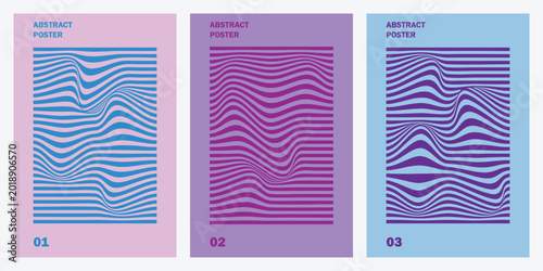 Three abstract poster templates with wavy line patterns in pink, purple, and blue colors template. Resizable and editable, EPS 10.