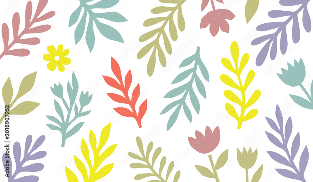 Fototapeta premium Delicate floral pattern with pastel-colored leaves and flowers on a white background