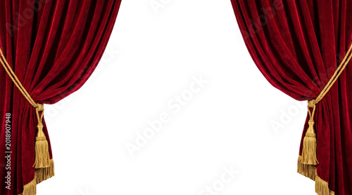 Luxurious deep red velvet theater curtains elegantly draped with ornate gold tassels and ropes framing