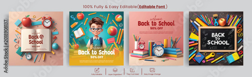 back to school social media posts bundle for promotional ads, banners design pack with Cute cartoon boy, school supplies background for sale promotion advertisements collections