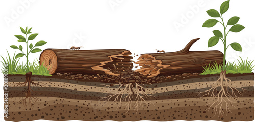 Tableau sur toile Termite wood decomposition process in soil cross section showing decaying log and forest ecosystem isolated on white