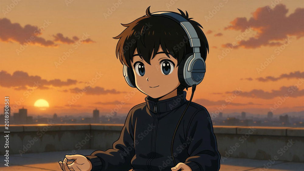 Fototapeta premium Young boy wearing headphones on rooftop at sunset