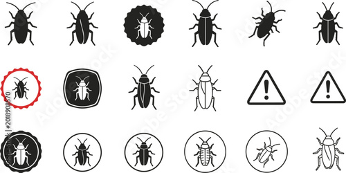 Foto Set of cockroach insect pest control icons including bug silhouettes warning signs and minimalist vector graphic design elements