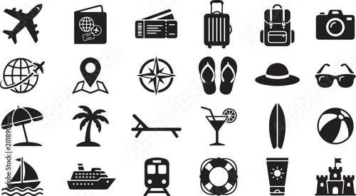 Cuadro en lienzo Travel icons set black silhouettes of vacation and tourism symbols on a white ba