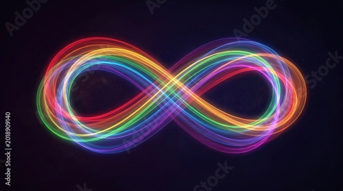 Colorful Infinity Symbol with Neon Rainbow Light Trails on Dark Background — Neurodiversity Pride Design