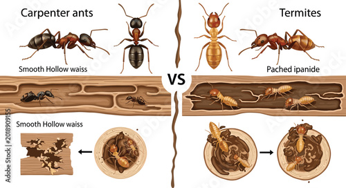 фотографія Carpenter ants versus termites comparison infographic showing differences in anatomy wood damage and nesting habits in residential homes