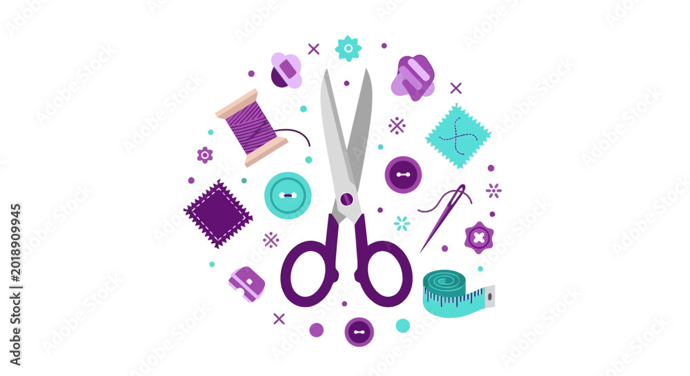 Fototapeta premium Sewing and Tailoring Tools Flat Vector Illustration with Scissors, Thread, Buttons, and Measuring Tape in Purple and Teal - Crafting and Needlework Concept