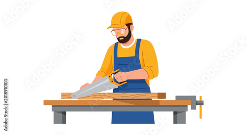 Carpenter Woodworker Man Cutting Wooden Plank with Hand Saw on Workbench - Flat Vector Illustration Isolated on White Background