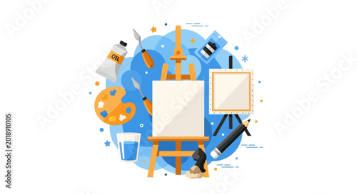 Artist Studio Creative Tools Flat Vector Illustration; Wooden Easel with Blank Canvas, Paint Palette, Oil Tubes, and Art Equipment on Blue Background
