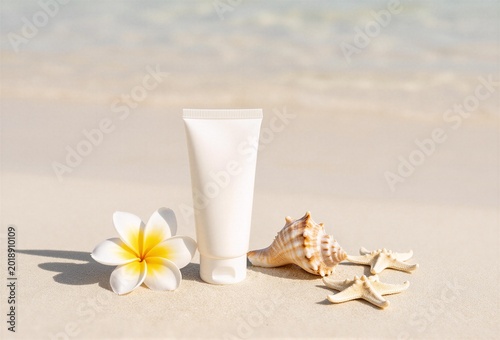 Blank Cosmetic Tube with Seashells and Plumeria Flower on Beach