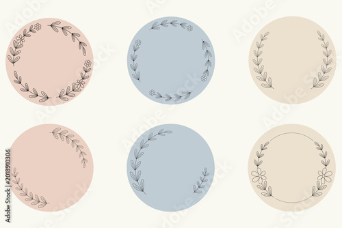 Handmade floral circle frames and botanical highlights icon set featuring elegant leaf wreaths for social media stories or wedding invitations.