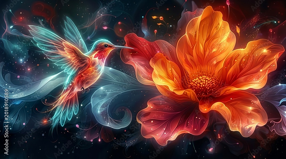 Fototapeta premium Magical hummingbird drinks nectar from a glowing, vibrant flower in a dreamlike fantasy landscape.
