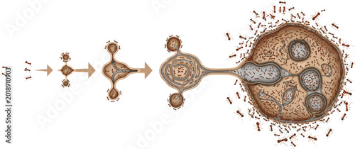 Quadro su tela Ant colony nest construction infographic showing growth stages from a single chamber to complex underground tunnel network