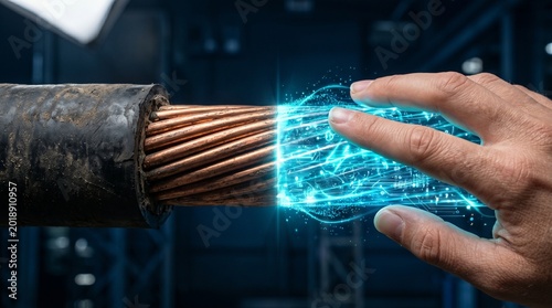 Cinematic close up of a heavy copper cable transforming into glowing blue digital energy touched by a hand representing digital transformation and smart grid technology