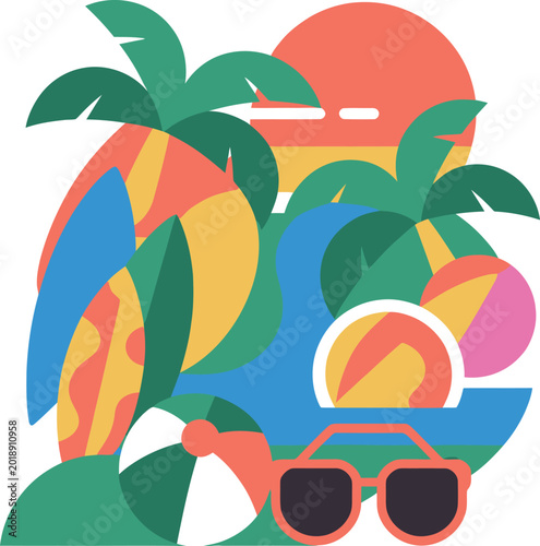 Photography Colorful beach illustration featuring surfboards palm trees sunglasses and ball
