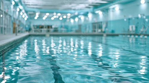 Turquoise pool under bright lights in recreation center landscape