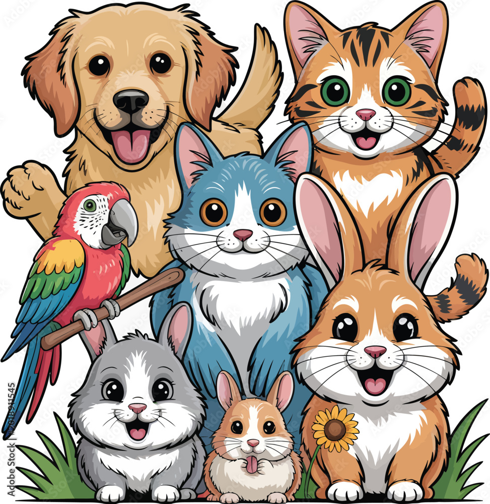 Fototapeta premium Cute domestic animals illustration featuring dog cat rabbits parrot and hamster