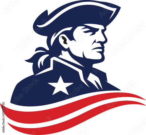 Obraz na plátně Patriot colonial soldier head mascot with American flag waving vector