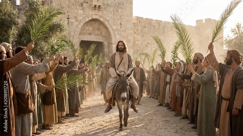 Jesus rides a donkey through a crowded street, with adoring followers waving palm branches and celebrating his triumphant entry into Jerusalem, a significant biblical event.
