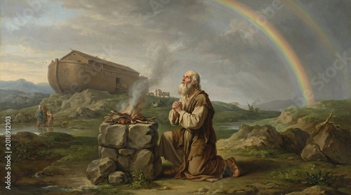 Elderly patriarch Noah kneels in humble prayer before a stone altar with smoke rising upward as a brilliant rainbow appears in the vast clearing sky above