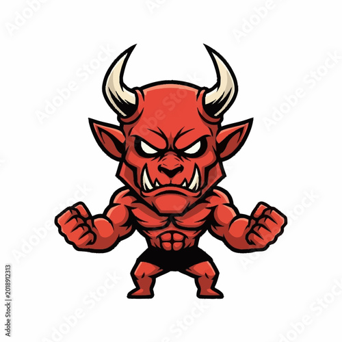 Bild auf Leinwand Angry Red Cartoon Devil Character With Horns And Muscular Body.
