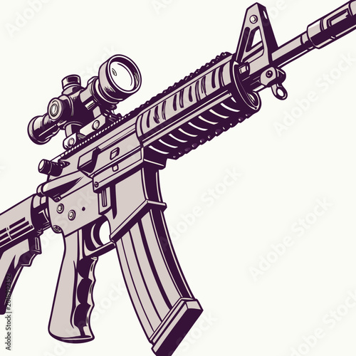 Photos Detailed illustration of a modern assault rifle with tactical scope and magazine