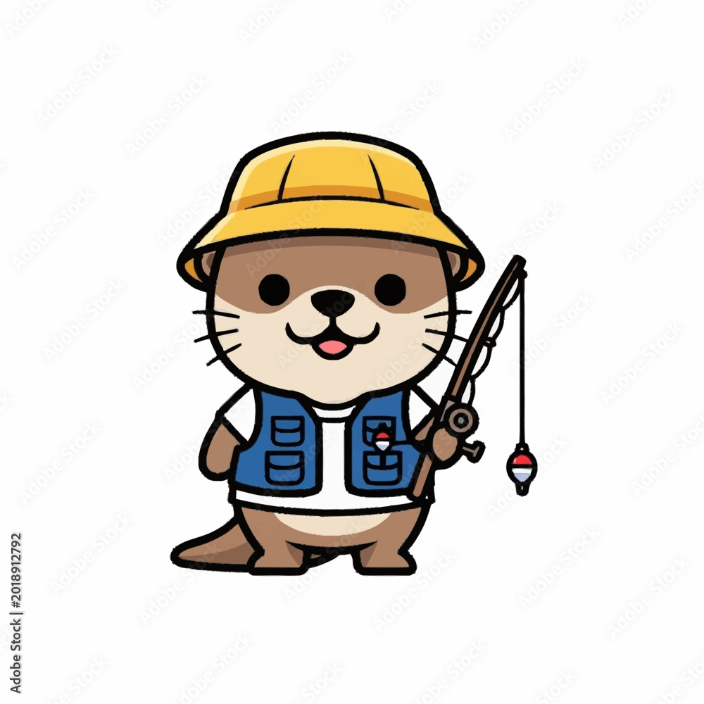 Naklejka premium Cute cartoon otter wearing fishing vest and hat holding fishing rod.