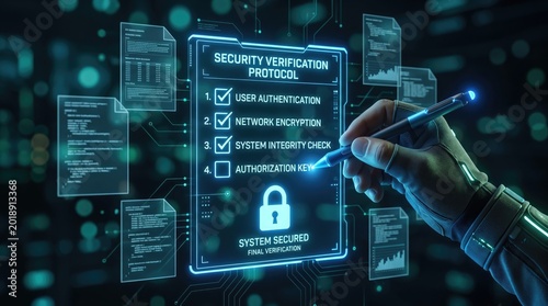 Cybersecurity protocol verification process with glowing blue checklist