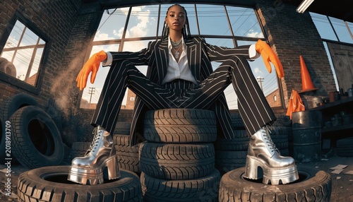 Woman in pinstripe suit sitting on stacked tires in industrial garage