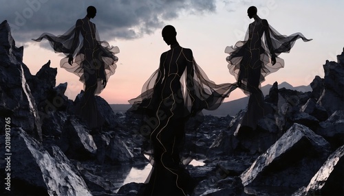 Silhouettes standing on mountain rocks at sunset