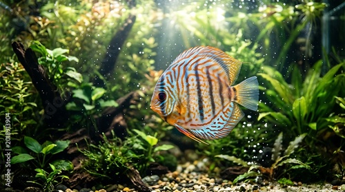 Vibrant discus fish swimming in a lush freshwater planted aquarium