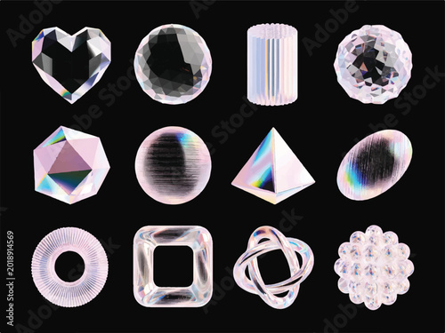 Collection of various shiny crystal geometric shapes on dark background  heart circle cylinder sphere polyhedron prism oval torus cube