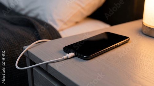 Smartphone charging on bedside table next to lamp in cozy bedroom  