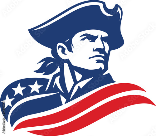 Patriot colonial soldier head mascot with American flag stripes vector