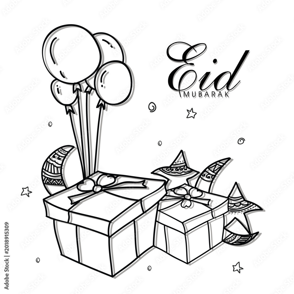 Naklejka premium Decorative hand drawn illustration showing festive gift boxes with balloons and stars for eid celebration