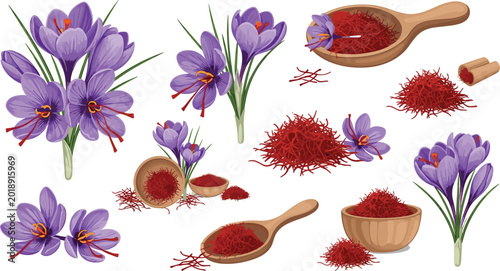 Foto Saffron spice and crocus flowers set with red threads in wooden bowls and spoons isolated on white