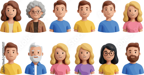 Set of diverse 3D vector character avatars featuring men and women of different ages including senior citizens and young adults in a friendly glossy toy style isolated on white background.