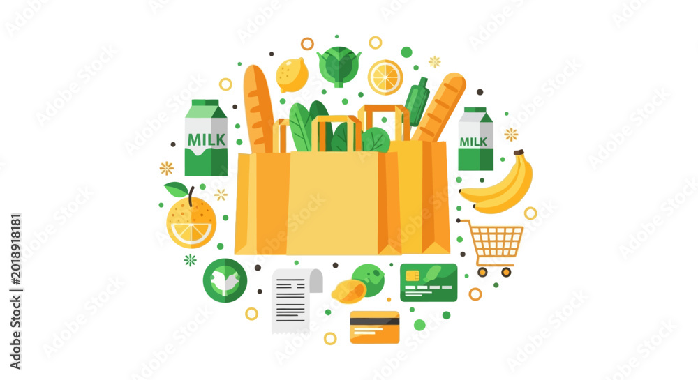Naklejka premium Flat Vector Illustration of Grocery Shopping Concept featuring Paper Bags, Fresh Vegetables, Fruits, and Payment Icons on White Background