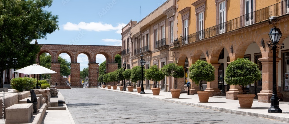 Fototapeta premium Tall stone arches stand in the city center with palm trees and plants adding beauty to the landscape under a bright sky