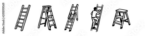 Photos Set of black and white line art illustrations of various ladders, including stepladders, extension ladders, and a man climbing
