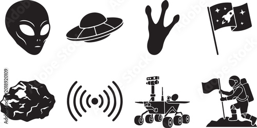 Space icons, alien, planet, astronaut, rocket, black vector graphics, 8 symbols