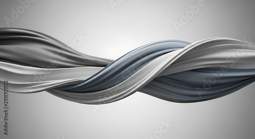 Elegant abstract composition of intertwined flowing ribbons in shades of grey and blue-grey, creating a dynamic and fluid visual.