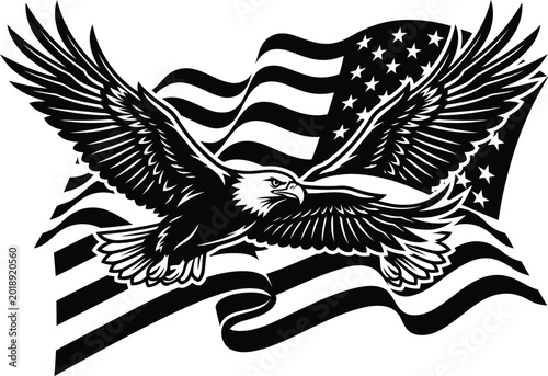 Patriotic American Bald Eagle Soaring in Front of Waving US Flag Vector Art Illustration Design