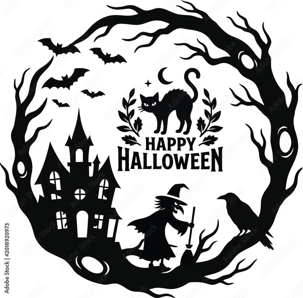 Fototapeta premium Halloween wreath with haunted house witch and cat silhouette