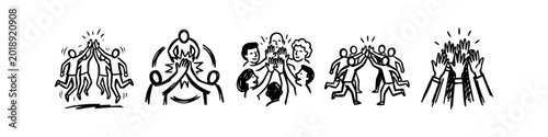 Foto Collection of hand-drawn sketches showing people celebrating teamwork with high fives and group huddles