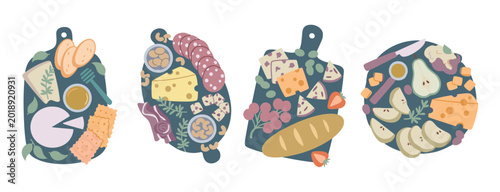 Cuadro en lienzo Charcuterie boards assortment vector illustration with cheese board hors d oeuvr