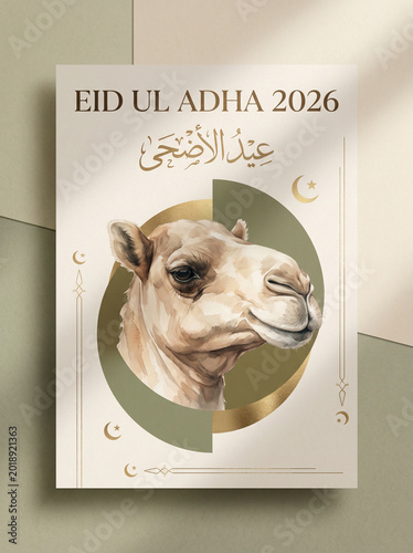 Professional Eid al-Adha 2026 greeting banner featuring an artistic camel illustration, elegant Arabic calligraphy, and traditional crescent moons.
