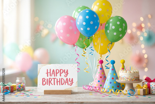 Happy birthday card, cake, party hats, balloons, table decor, festive celebration, special day, joyful