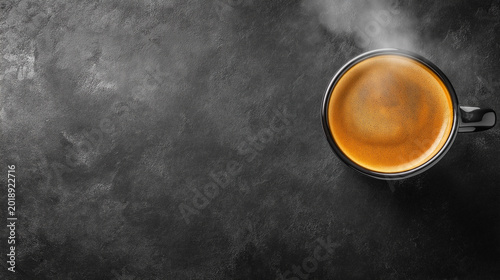 Top view of fresh espresso coffee cup with crema and steam on dark stone background with copy space