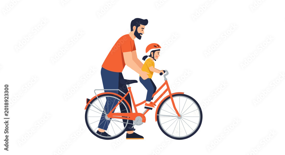 Obraz premium Father teaching his young daughter how to ride a bicycle isolated on white background. Parenting and childhood vector illustration.